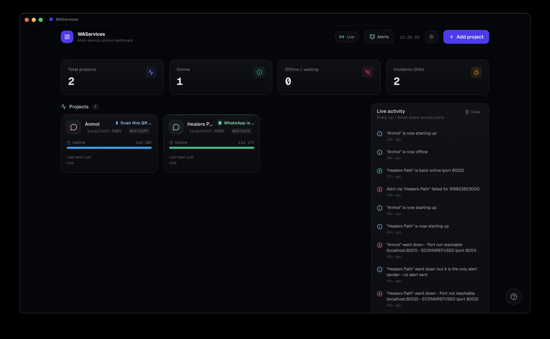WA Services interface